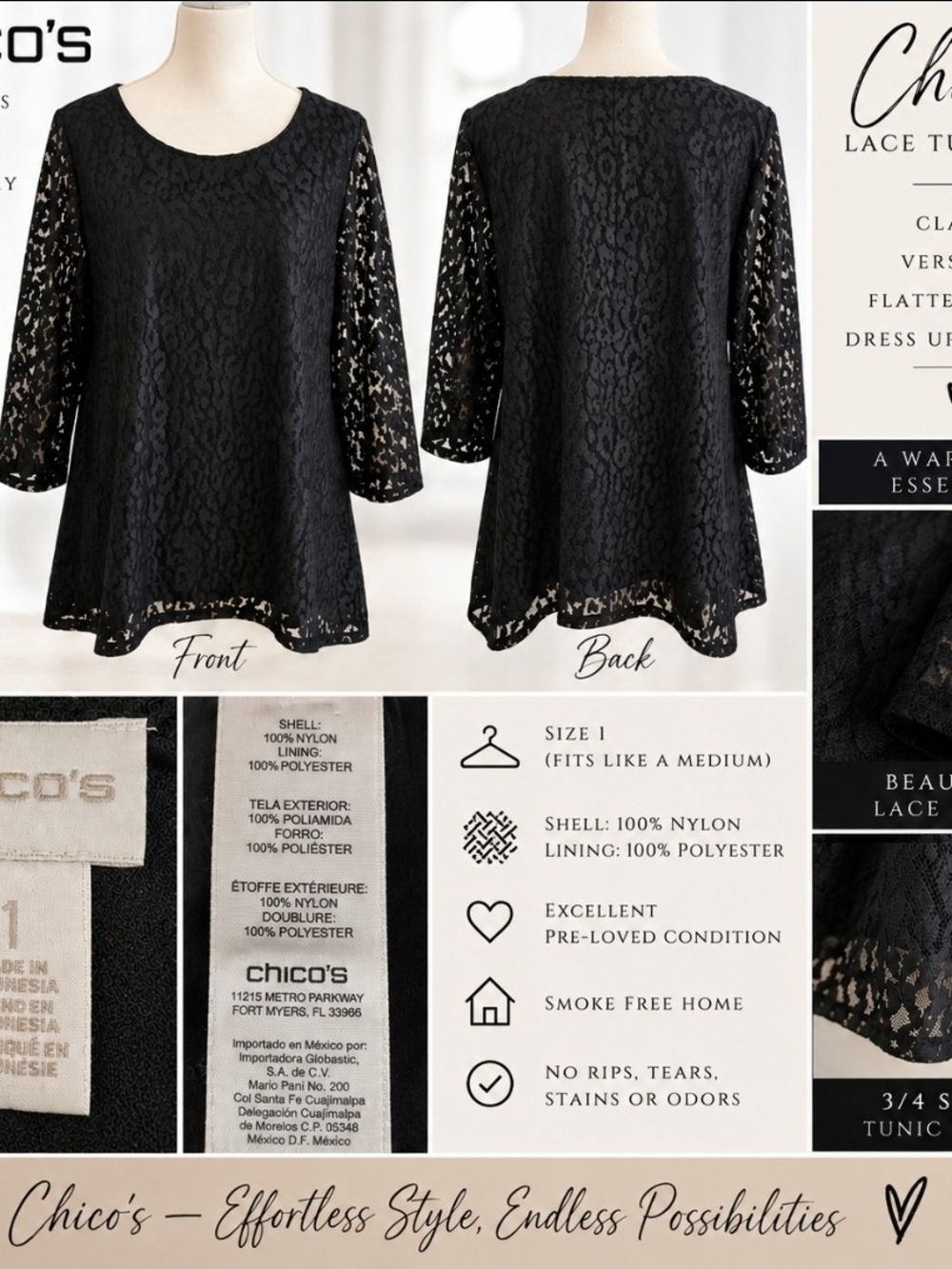 Chico's Size 1 Black Lace Lined 3/4 Sleeve Tunic Top
